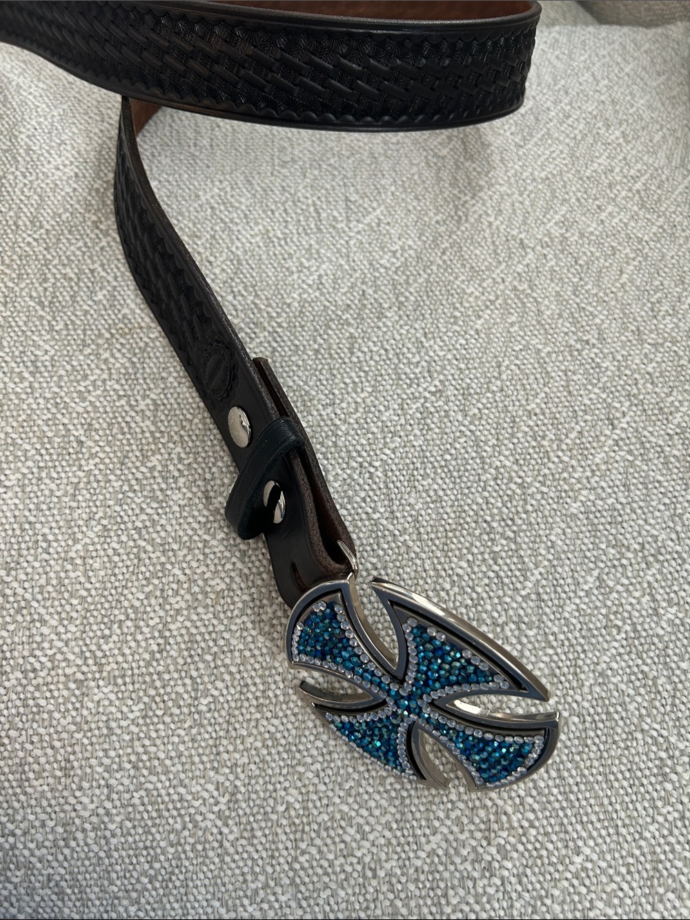 Western Braided Leather Belt with Blue Crystal Cross Buckle One of a kind